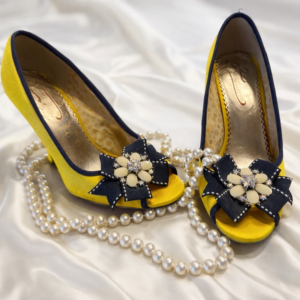 Poetic License Vintage, Yellow and Navy Peep-Toe Heels with Floral Bow Accent